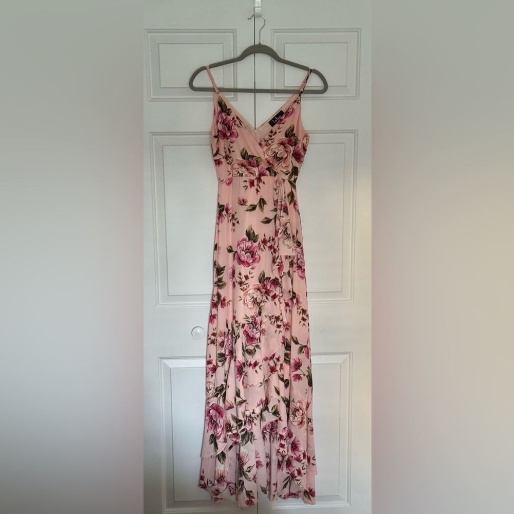 Lulus XS - Floral Pink Wrap Maxi Dress - Elegant Spaghetti Strap